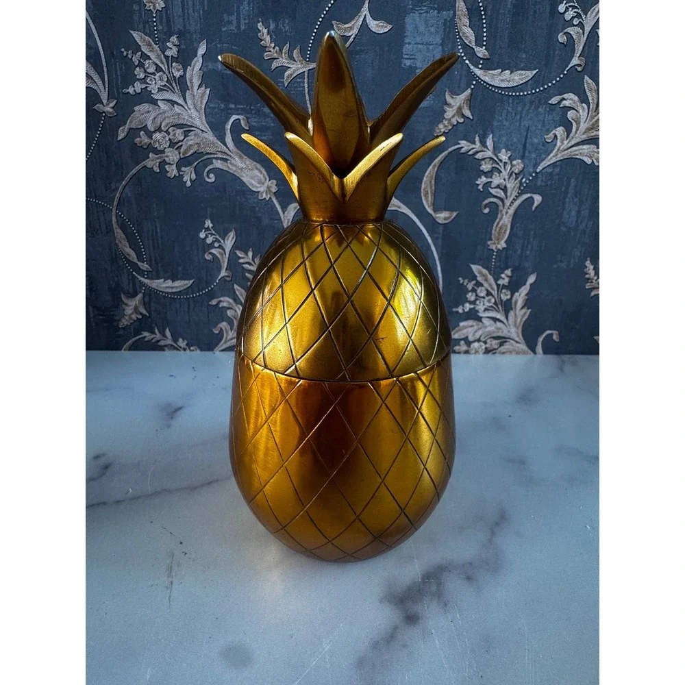 Vintage Brass Pineapple Set 3pc Hollywood Regency/Tiki Gold Barware Decor 7